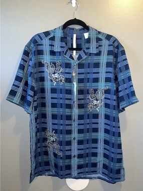 Axis 100% Silk Shirt Mens M Navy Plaid Button Down Short Sleeve Embroidered New